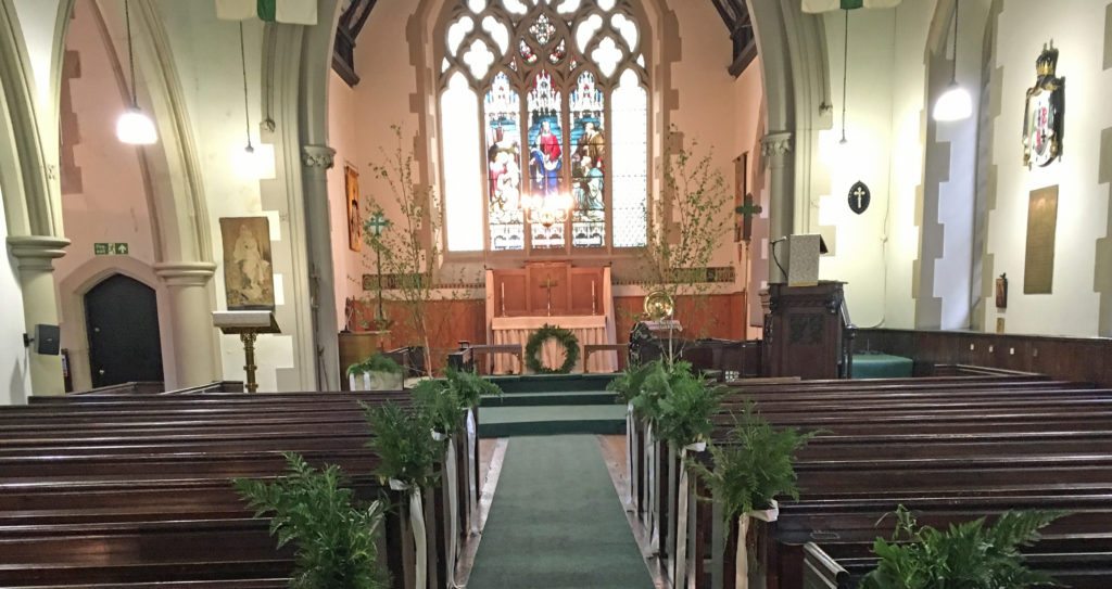 The church is beautifully decorated in green for the wedding of Andrew and Lucy at St Vincent's on Saturday 28th May 2016.