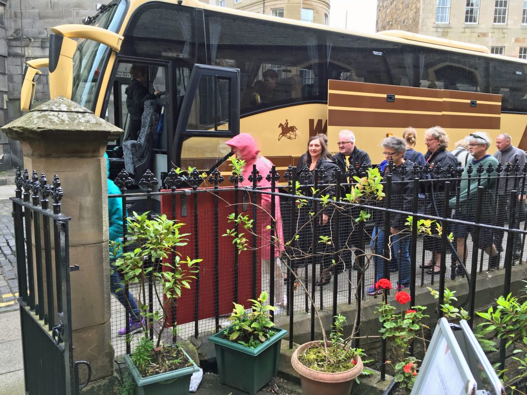 Sunset Swing participants arriving by coach for their Fringe show at St Vincent's. They hail from Yorkshire and had a particularly appreciative audience for their afternoon show.